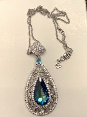 Blue Austrian Crystal Teardrop Pendant Necklace SilverTone Filigree